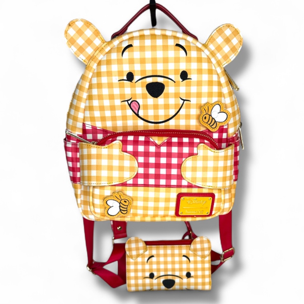 Loungefly Winnie the Pooh Gingham SET backpack AND wallet honey bees purse - Picture 1 of 14